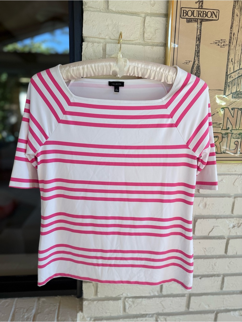 Talbots White and Pink Striped Short Sleeve Boatneck Top